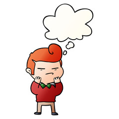 cartoon cool guy with fashion hair cut and thought bubble in smooth gradient style