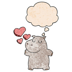 cartoon hippo in love and thought bubble in grunge texture pattern style