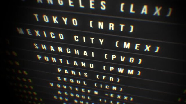 Airport Departure Board Loop/ 4k animation of an airport departure board with flight, destination, time and decoding text seamless looping