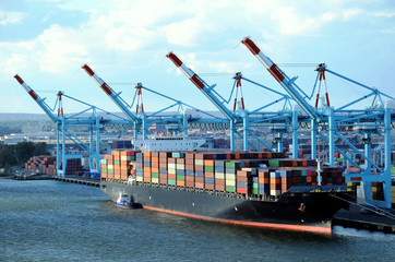  Container ship in the container terminal in Newark, USA.
