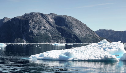 Icebergs in background, landscape Greenland, beautiful Nuuk fjord 