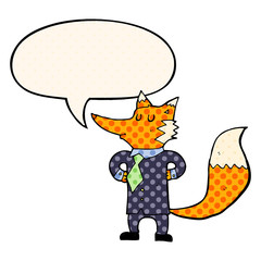 cartoon fox businessman and speech bubble in comic book style