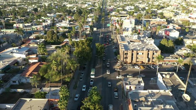 Aerial Drone View over the busy streets of Los Mochis, Sinaloa, Mexico