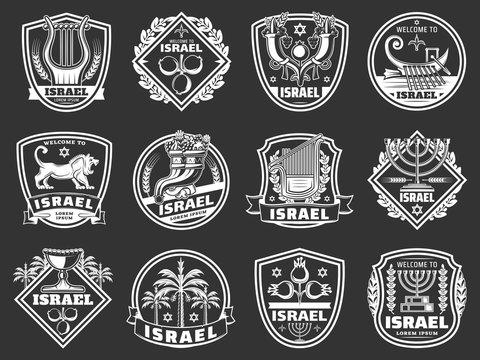 Israel David Star, Lion, Menorah. Judaism Badges