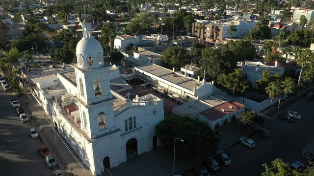 Aerial Drone View over the Sacred Heart Church and the downtown of Los Mochis, Sinaloa, Mexico