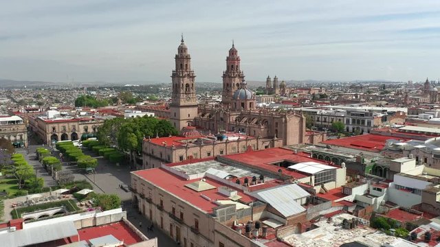 Aerial Drone View over the Cathedral of Morelia, Michoacan, Mexico