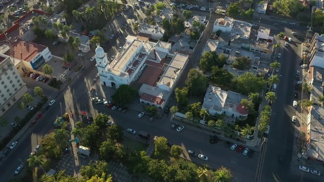 Aerial Drone View over the Sacred Heart Church and the downtown of Los Mochis, Sinaloa, Mexico