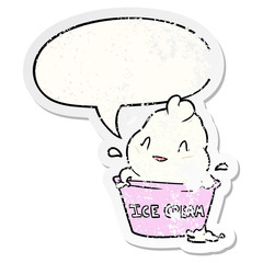 cute cartoon ice cream and speech bubble distressed sticker