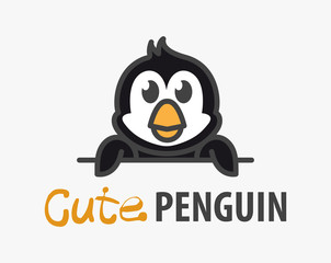 Naklejka premium Logo template with cute penguin. Vector logo design template for zoo, veterinary clinics, ice cream shop. Cartoon Antarctic animal logo illustration.