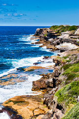 The rugged coastline on the Bondi Beach to Coogee Beach coastal path in Sydney, Australia