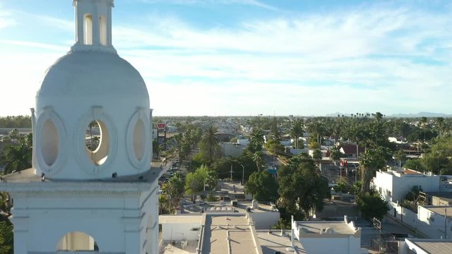 Aerial Drone View over the Sacred Heart Church and the downtown of Los Mochis, Sinaloa, Mexico