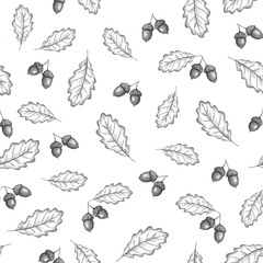 Autumn seamless pattern. Oak leaves and acorns. Illustration of a hand drawing on a white background.Design for fabric, textile, paper and greeting cards.