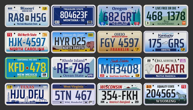 Car number plates of license registration in USA