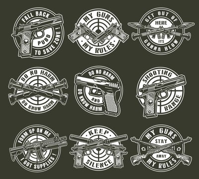 Vintage monochrome military weapons round emblems