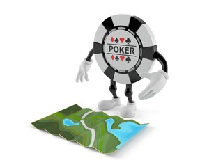 Fototapeta premium Gambling chip character looking at map