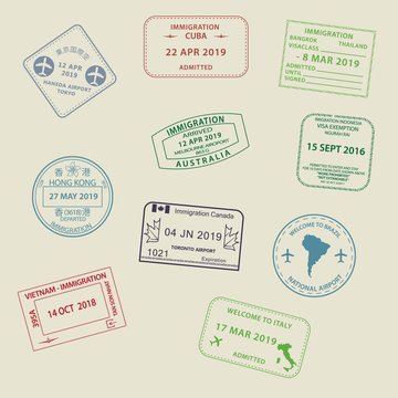 Set of International travel visas passport stamp icons for entering to Australia, Thailand, Brazil, Canada, Cuba, Hong Kong, Indonesia, Vietnam