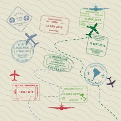 Set of International travel visas passport stamp icons for on traveller background