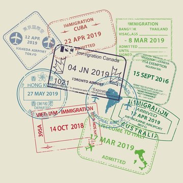 Set of International travel visas passport stamp icons for entering to Australia, Thailand, Brazil, Canada, Cuba, Hong Kong, Indonesia, Vietnam with grunge textured