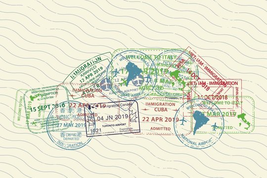 Set different International travel visas passport stamp icons for entering to Australia, Thailand, Brazil, Canada, Cuba, Hong Kong, Indonesia, Vietnam in form of car