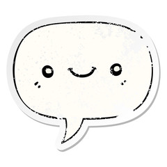 cartoon cute happy face and speech bubble distressed sticker