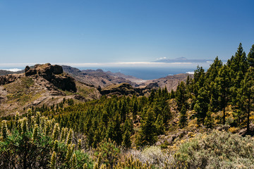 Nature and landscape of the Gran Canaria. Rocky mountains range, valleys, ocean. 