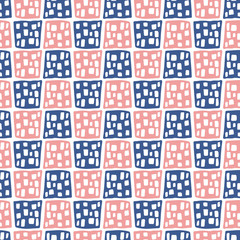 Cute blue and pink seamless pattern with doodle dotted square geometric shapes. Abstract vector texture with hand drawn rectangles for textile, wrapping paper, surface, background, wallpaper