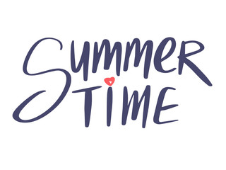 Cute hand drawn vector lettering with Summer Time text. Blue text with heart for lovely vacation decoration