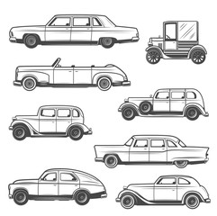 Retro cars and auto, old models of motor vehicles