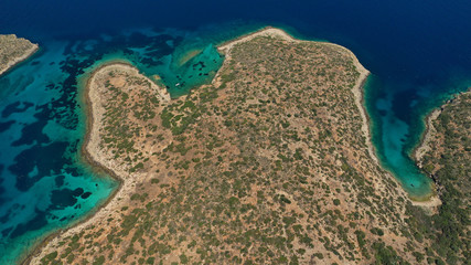 Aerial drone photo of famous anchorage for yachts small island of Fleves near iconic Lemos...