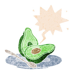cartoon avocado and speech bubble in retro textured style
