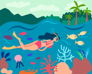 Fototapeta na wymiar Girl snorkeling in a big barrier reef. Swims in the underwater mask and watches the fish and corals. Sea underwater panorama. Summer flat landscape. Vector editable file eps 10.