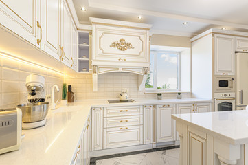 Fototapeta na wymiar neoclassic style luxury kitchen interior with island