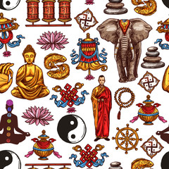 Buddha, yoga, lotus, yin yang seamless pattern