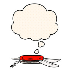 cartoon pocket knife and thought bubble in comic book style