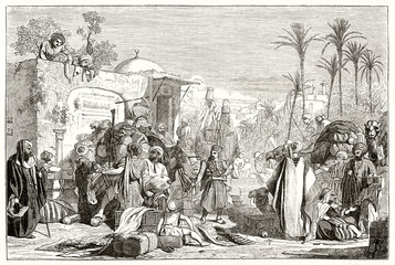 Ancient Arab caravan resting and getting water from a fountain. Arabian outdoor refuel context with typical palms. By Chacaton and Montigneul  publ. on Magasin Pittoresque Paris 1848
