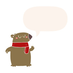 cartoon bear and scarf and speech bubble in retro style