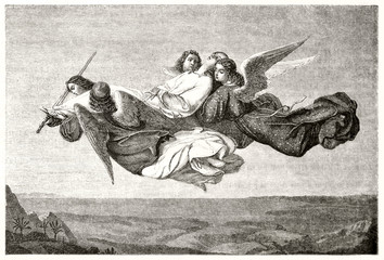 Holy mother body carried in heaven by four flying angels. Top view of the far ground under the sky. Illustration in etching style with a wonderful graytone hatching. Magasin Pittoresque Paris 1848