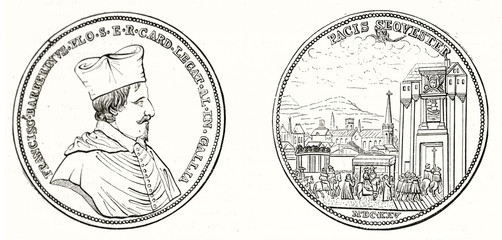 Front and back view of old french silver medal dedicated to Cardinal Francesco Barberini. Isolated outlined element on white background. By unidentified author publ. on Magasin Pittoresque Paris 1848