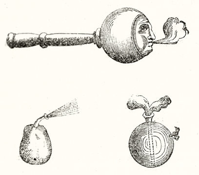 Old illustration showing three different aeolipiles. Isolated objects drawed with a rough outlined style By unidentified author publ. on Magasin Pittoresque Paris 1848
