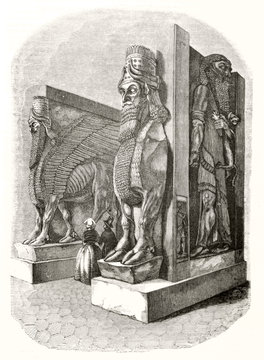 Detail of assyrian statues in the Assyrian hall in Louvre museum Paris. Graytone etching with faded borders. By Marvy and Gauchard publ. on Magasin Pittoresque Paris 1848