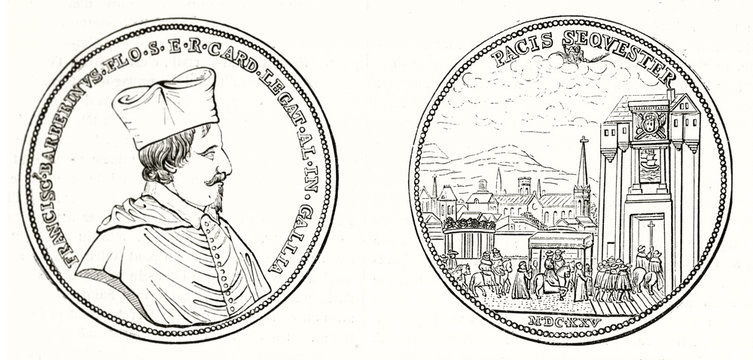 Front and back view of old french silver medal dedicated to Cardinal Francesco Barberini. Isolated outlined element on white background. By unidentified author publ. on Magasin Pittoresque Paris 1848
