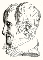 Reproduction of Alexandre Brognaniart profile portrait from medallion (1770 - 1847 French scientist). Bas relief style, after D'Angers publ. on Magasin Pittoresque Paris 1848