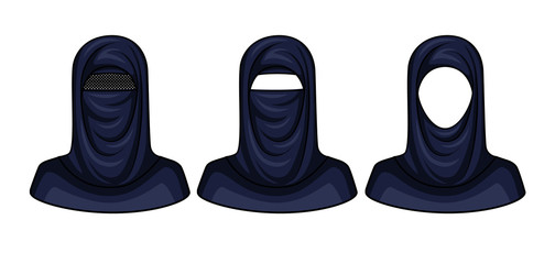 Vector color illustration of a headdress of arab women. A traditional scarf on the head for Muslim women. Set of vector avatars for arab women isolated from background. Types of Islamic Headscarves