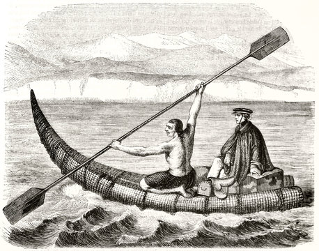 Ancient indigenous man rowing and carrying a rich person on canoe. Old illustration of Caballito de totora traditional Peruvian reed watercraft. By De lattre publ. on Magasin Pittoresque Paris 1848