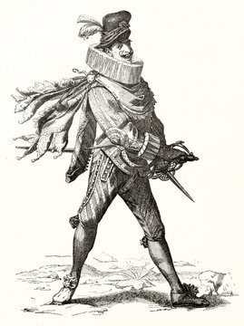 Medieval soldier character, full body displayed, with very rich clothes in the act of draw his sword. Old illustration of Capitan Matamoros (Italian Commedia dell'Arte). Magasin Pittoresque Paris 1848