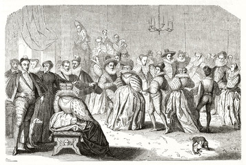 Ancient etching of the court dance (Henri III king of France). Big hall full of elegant nobles having fun and musicians on background. After Clouet publ. on Magasin Pittoresque Paris 1848