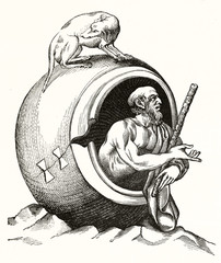 Old illustration depicting Diogenes, famous cinyc greek philosopher who lived in a ceramic jar. In this etching ther is a dog on top of the jar. Magasin Pittoresque Paris 1848 - obrazy, fototapety, plakaty