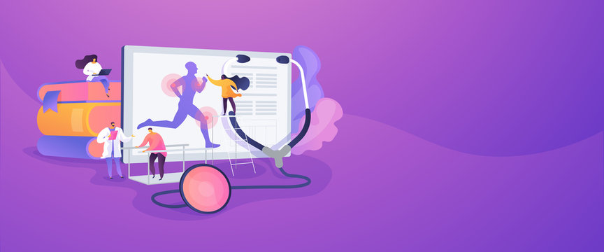 Training injuries treatment, physiotherapists helping patients. Sports medicine, sports medical services, sports physician specialist concept. Website homepage header landing web page template.