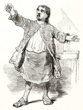 Old rough style illustration depicting the king of drunkards, full body displayed and holding a glass in a classic drunk man pose. By Gavarni publ. on Magasin Pittoresque Paris 1848