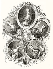 Five self-portraits of female painters, each one in a oval frame. All the composition is circle arranged and isolated on white background. Publ. on Magasin Pittoresque Paris 1848